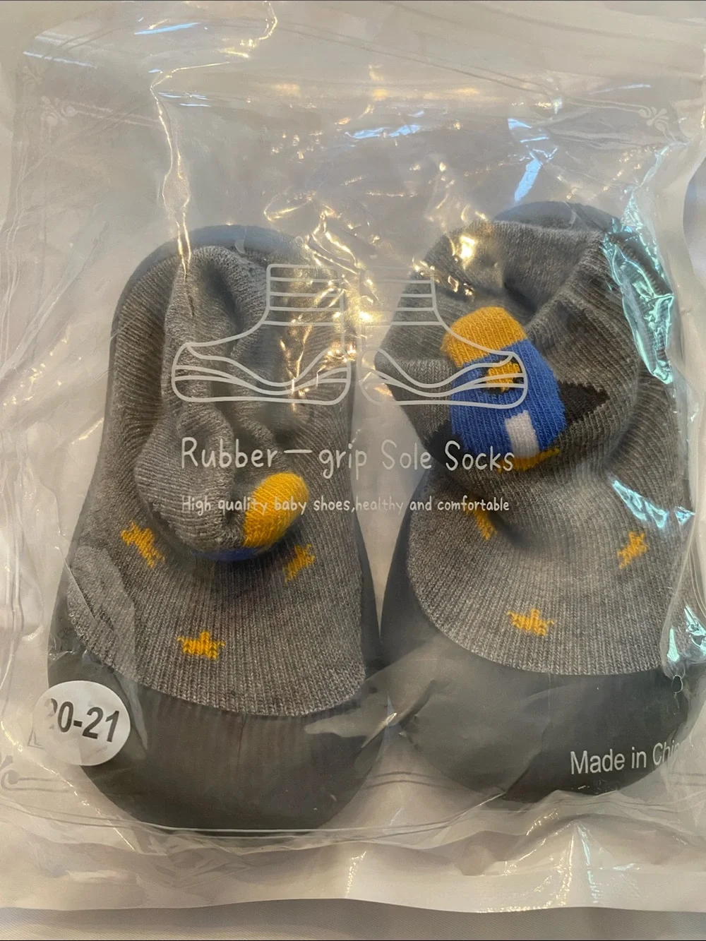 Gray Kids Socks-to-Shoe Booties with Yellow and Blue Rocket Design